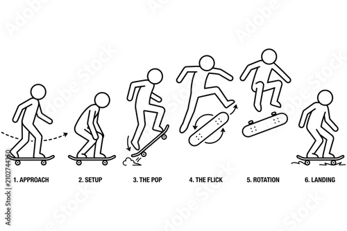 Valokuva Skateboard Kick flip Trick Step by Step Instruction Diagram Outline Illustration