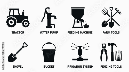 Photography Farm Equipment and Agricultural Tools Icons Depicting Tractor, Irrigation, Feedi