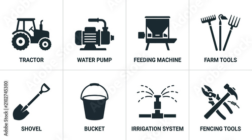 Принти на полотні Farm Equipment and Agricultural Tools Icons Depicting Tractor, Irrigation, Feedi