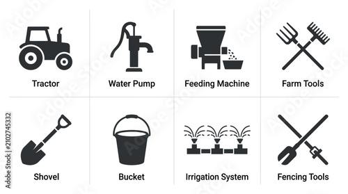 Canvas Print Farm Equipment and Agricultural Tools Icons Depicting Tractor, Irrigation, Feedi