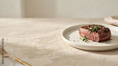 Grilled beef steak with rosemary and thyme on a plate with coarse salt full hd 4k stock image download