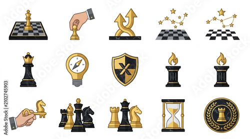 Photos Collection of Chess Pieces and Strategy Symbols.