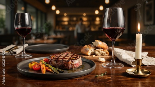Grilled steak with vegetables and red wine on a wooden table with a lit candle full hd 4k stock image download