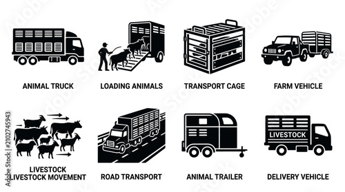 Quadro su tela Animal and Livestock Transportation Icons Depicting Trucks, Trailers, Loading, R