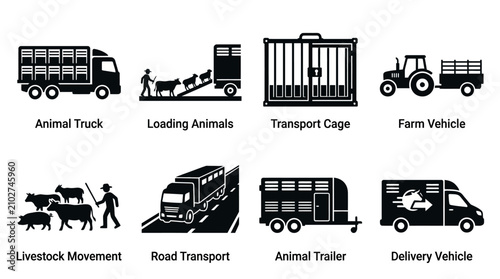 Fotografía Animal and Livestock Transportation Icons Depicting Trucks, Trailers, Loading, R