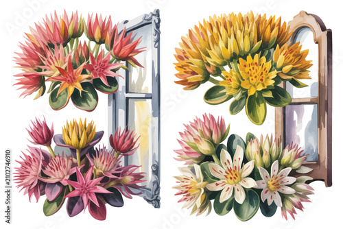 Foto watercolor Sedum Flower with window decoration vector illustration isolated on w