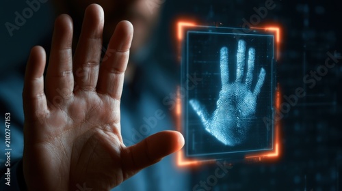 Close-up of human hand scanned by futuristic digital biometric recognition technology with glowing interface and data processing on dark background