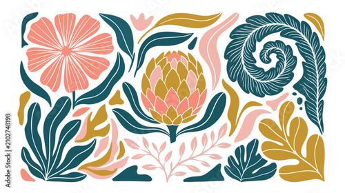 Boho floral vector collection, abstract botanical elements, modern bohemian plant illustrations, decorative nature graphics for design projects
