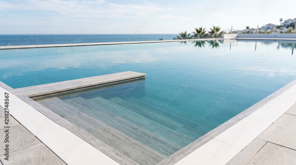 Fototapeta premium Infinity pool with submerged steps overlooking a calm sea and white villas