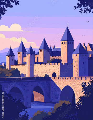 Minimalist flat vector travel poster of Carcassonne France with medieval walled fortress. Retro French landscape illustration with copy space.