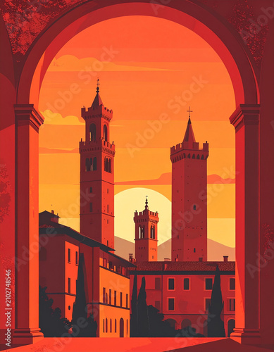 Minimalist flat vector travel poster of Bologna Italy with medieval leaning towers and arched porticoes. Retro Italian cityscape illustration with copy space.