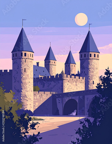 Minimalist flat vector travel poster of Carcassonne France with medieval walled fortress. Retro French landscape illustration with copy space.