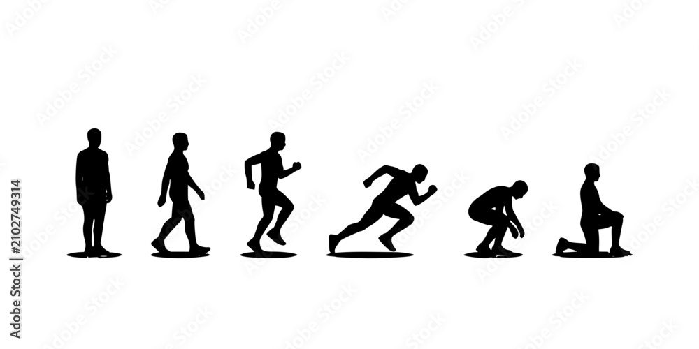 Obraz premium Silhouettes of People in Sequential Motion From Standing to Kneeling Featuring Silhouette, Walking, Running with Sprinting