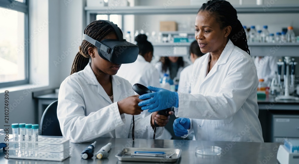 Fototapeta premium Public health workshop portrait of a young African lab student using VR controllers beside a gloved instructor, with a lab coat, specimen rack, and sterile table tools nearby; soft window light