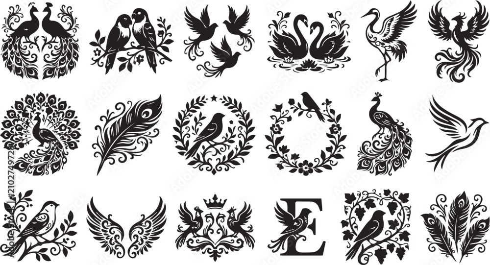 Fototapeta premium Ornamental Bird Silhouette Collection, Elegant Peacock Swan Dove Phoenix and Floral Decorative Vector Set Isolated on White Background