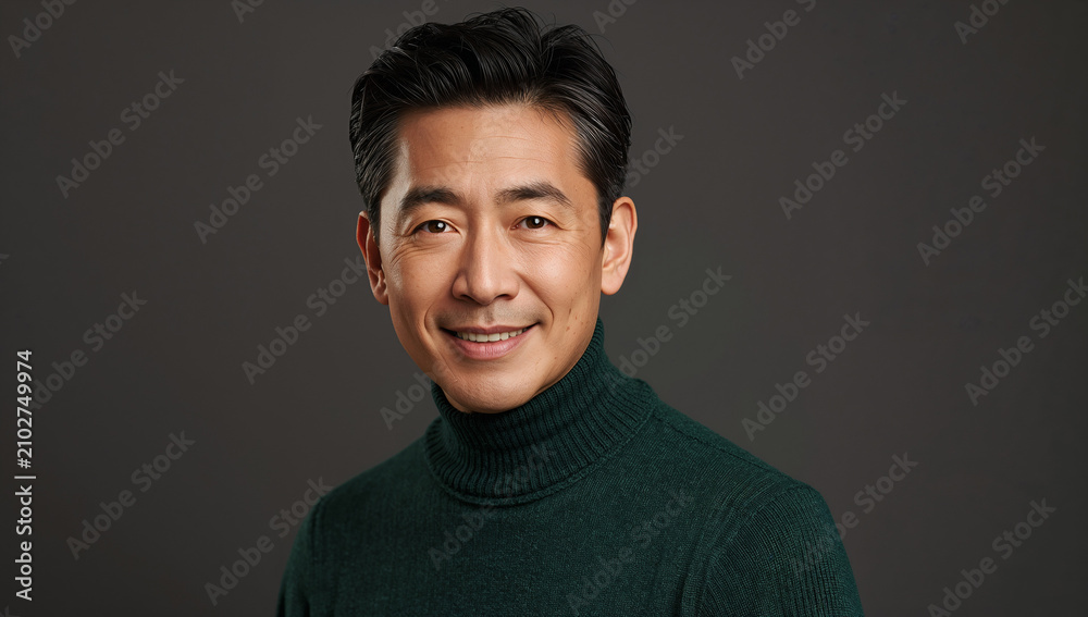 Fototapeta premium フォレストグリーンのセーターを着て頼もしい笑顔の日本人男性