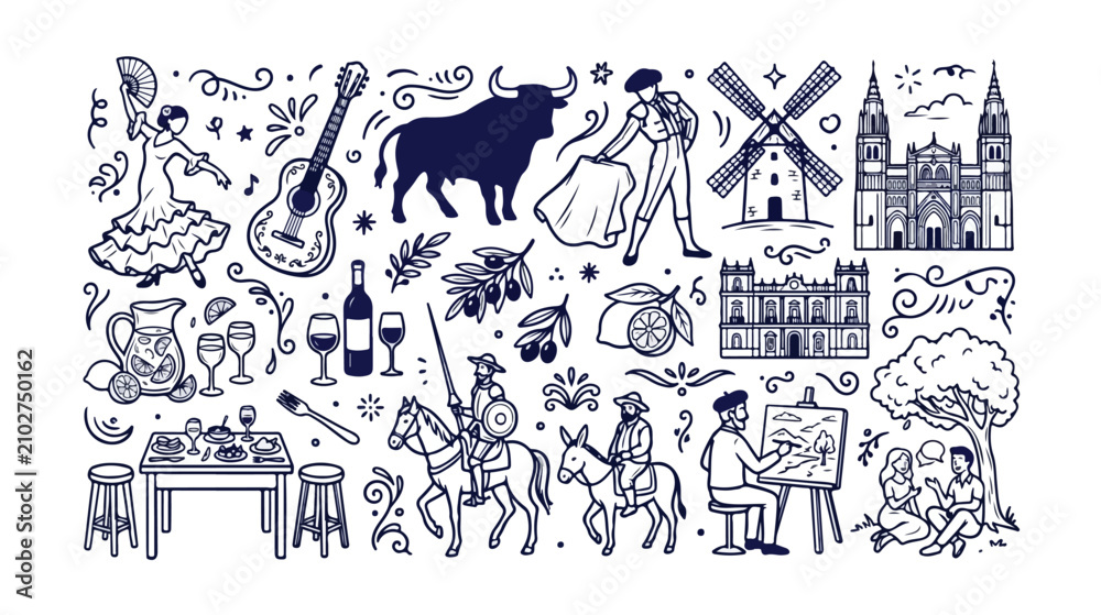 Obraz premium Spanish culture doodle vector collection, hand-drawn Spain travel icons, traditional food, art, and landmark illustrations, black and white line art set for tourism and design projects