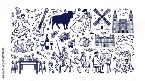 Photos Spanish culture doodle vector collection, hand-drawn Spain travel icons, traditi