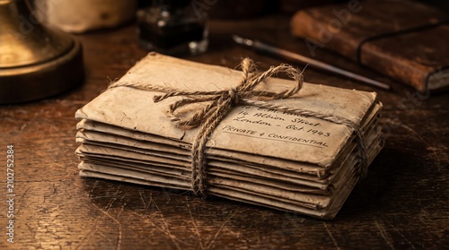 Stack of Vintage Old Envelopes Tied with Twine Macro