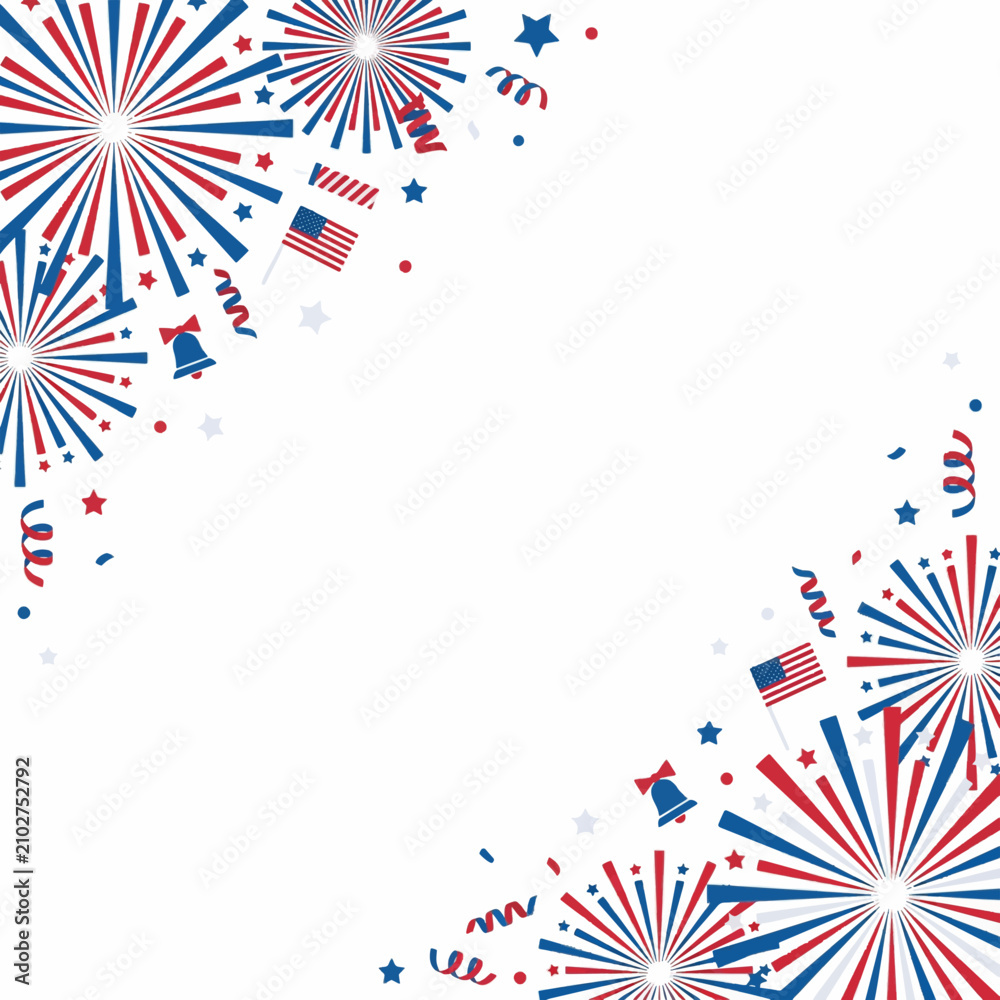 Obraz premium Patriotic USA Independence Day Corner Frame with Fireworks, Stars, and American Flags Vector Illustration