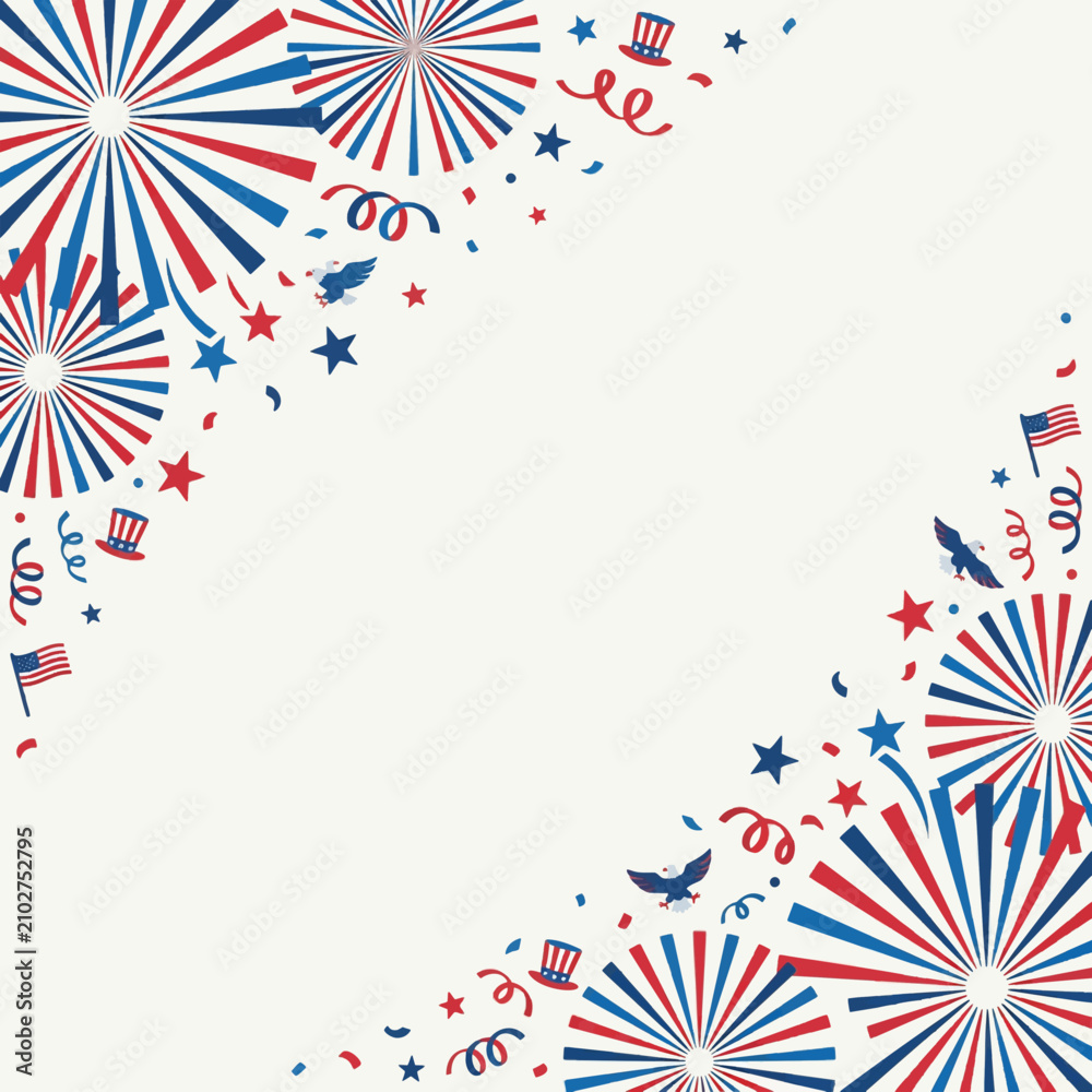 Obraz premium Patriotic USA Independence Day Corner Frame with Fireworks, Stars, Uncle Sam Hat, and Eagle Vector Illustration