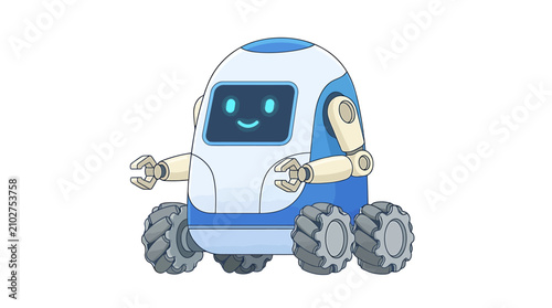 Friendly service robot with smiling digital face on wheels