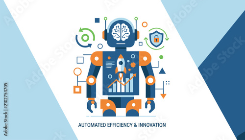Automated efficiency and innovation concept showing a robotic system with advanced security brain and growth charts.