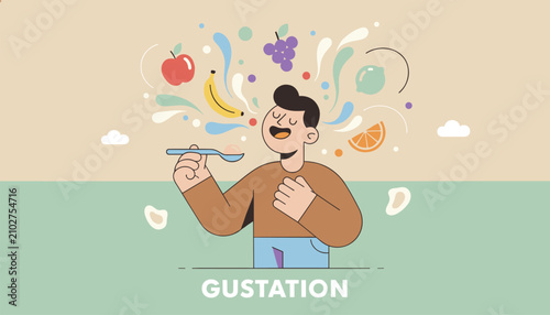 Medical and sensory concept of gustation displaying a happy man tasting delicious organic fruits with a spoon.