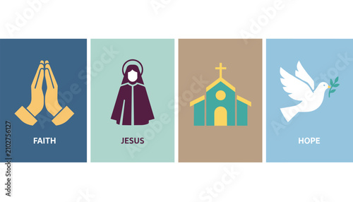 Christian faith icons featuring praying hands, Jesus Christ silhouette, church building, and hope dove symbol.