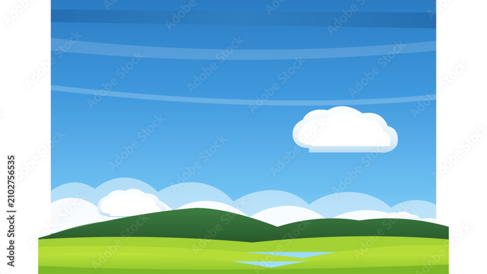 Fototapeta premium Flat Illustration of Green Hills Under a Bright Blue Sky with Soft Clouds