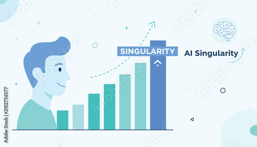 Technological singularity concept with a man observing exponential growth chart reaching artificial intelligence breakthrough.