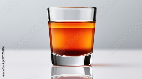 A close-up shot of a single shot glass filled with amber-colored liquid.