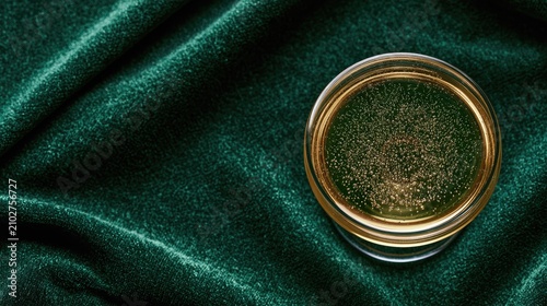 A close-up overhead view of a glass of green liquid on a dark green velvet background.