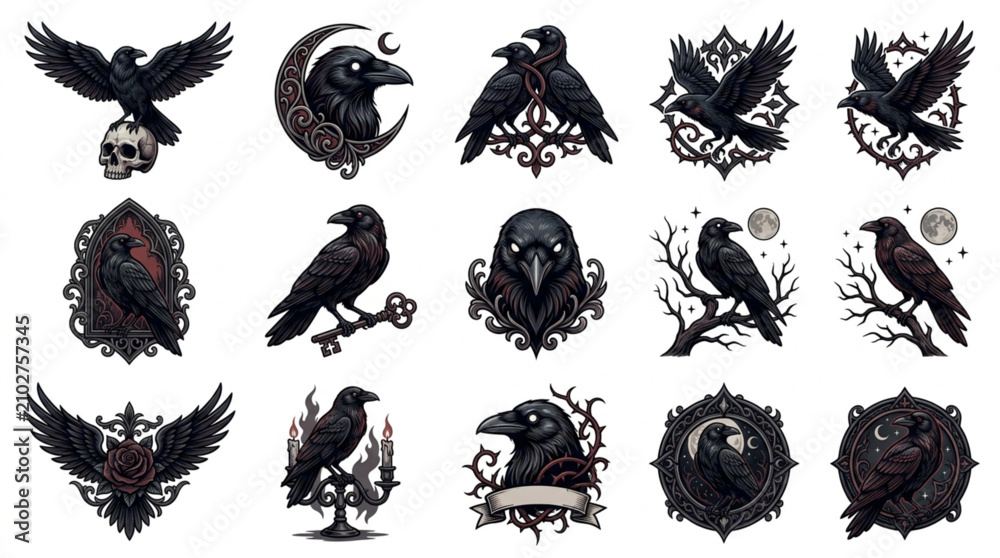 Obraz premium Collection of dark gothic raven illustrations with intricate details.