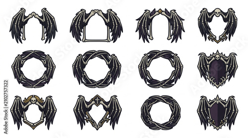 Fotografie Collection of Dark Fantasy Ornate Winged Emblems and Frames.