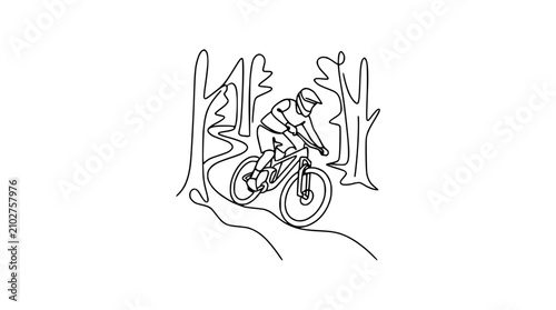 Continuous line drawing of a person mountain biking through a forest trail