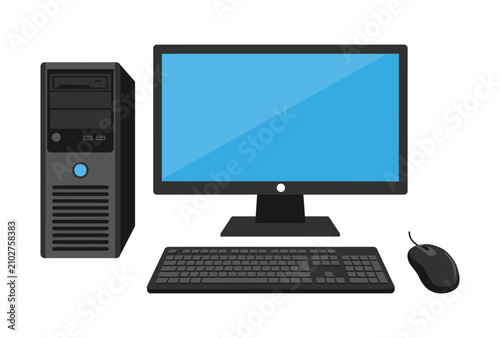 Desktop computer setup with monitor keyboard and mouse flat vector illustration on white workstation screen
