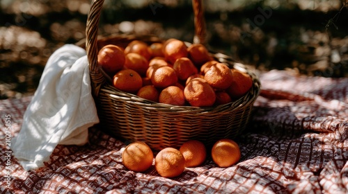 Abundant Harvest of Ripe Apricots in a Wicker Basket on a Picnic Blanket.