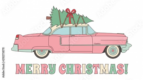 Retro Pink Car Carrying A Christmas Tree Illustration