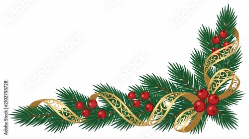 Christmas Fir Branch with Gold Ribbon and Red Berries Border