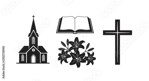 Bild auf Leinwand Christian church cross bible with four black white religious icons plain white b