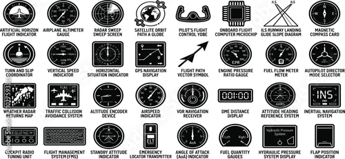 Fotografie Aircraft Cockpit Flight Instrument Radar and Navigation Gauge Icon Set Featuring