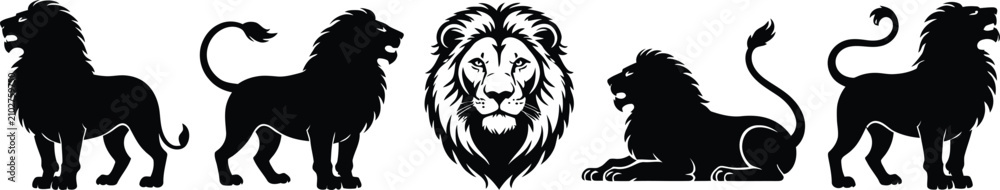 Fototapeta premium Black Lion Silhouette Collection, Big Cat Wildlife Vector Icons Set