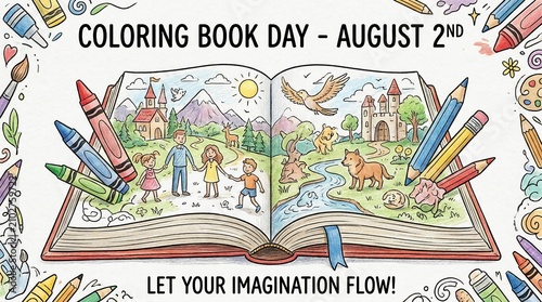 Coloring Book Day poster design. Creative illustration for kids activity and art education.