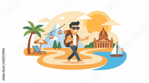 A man explores diverse destinations beach mountains and city
