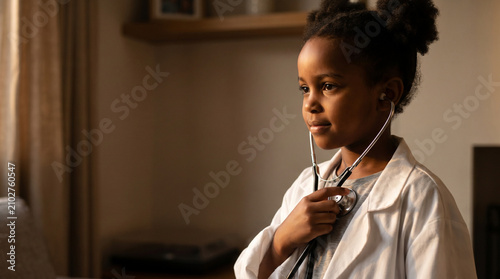 African American girl dressed as doctor with stethoscope - Young black girl wearing lab coat holding stethoscope indoors  