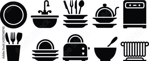 Fotografía kitchen and dining icons featuring various tableware and cooking utensils in a