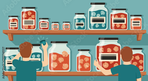 Two people organizing canned food and mushroom jars on wooden shelves