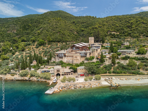 Aerial View of Dochiariou Monastery, monastic state of Mount Athos in Greece.