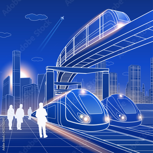 Slika na platnu Futuristic urban transportation with high-speed trains, elevated railway, modern skyscrapers and city skyline at night